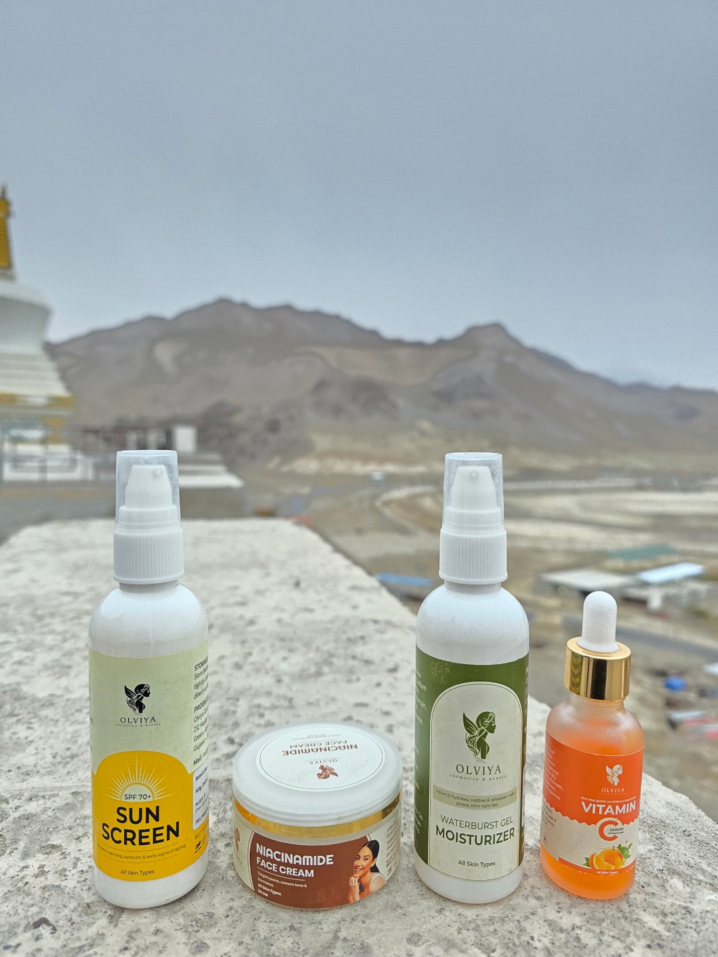 Olviya - Cosmetics & Beauty - All in One Combo Pack - Vitamin C Serum 30ml, Niacinamide Cream 50gm, Sunscreen 100ml & Moisturizer Gel 100ml.